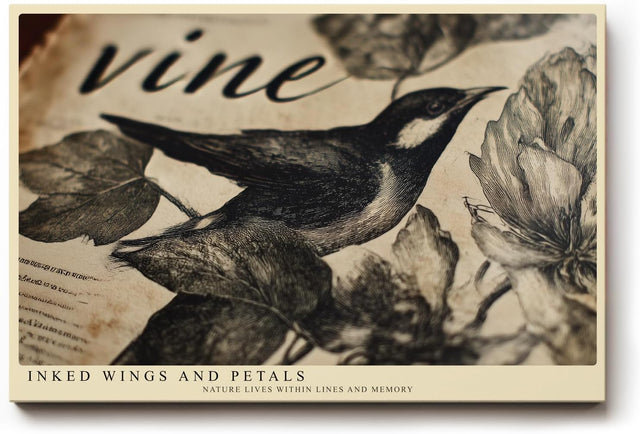 Paul Sinus Wandbild 120x80cm Inked Wings and Petals Vintage Vogel Illustration mit Blumen Natur Kunst Poster für Wohnzimmer Büro
