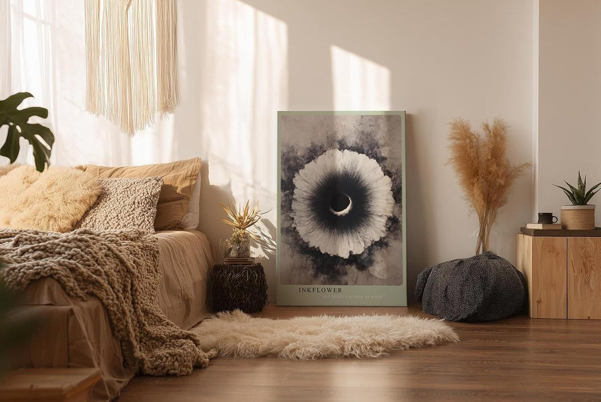 Paul Sinus Wandbild in 40x60cm Inkflower Abstraktes Schwarz-Weiß-Motiv mit blütenähnlicher, radialer Struktur und dunklem Zentrum