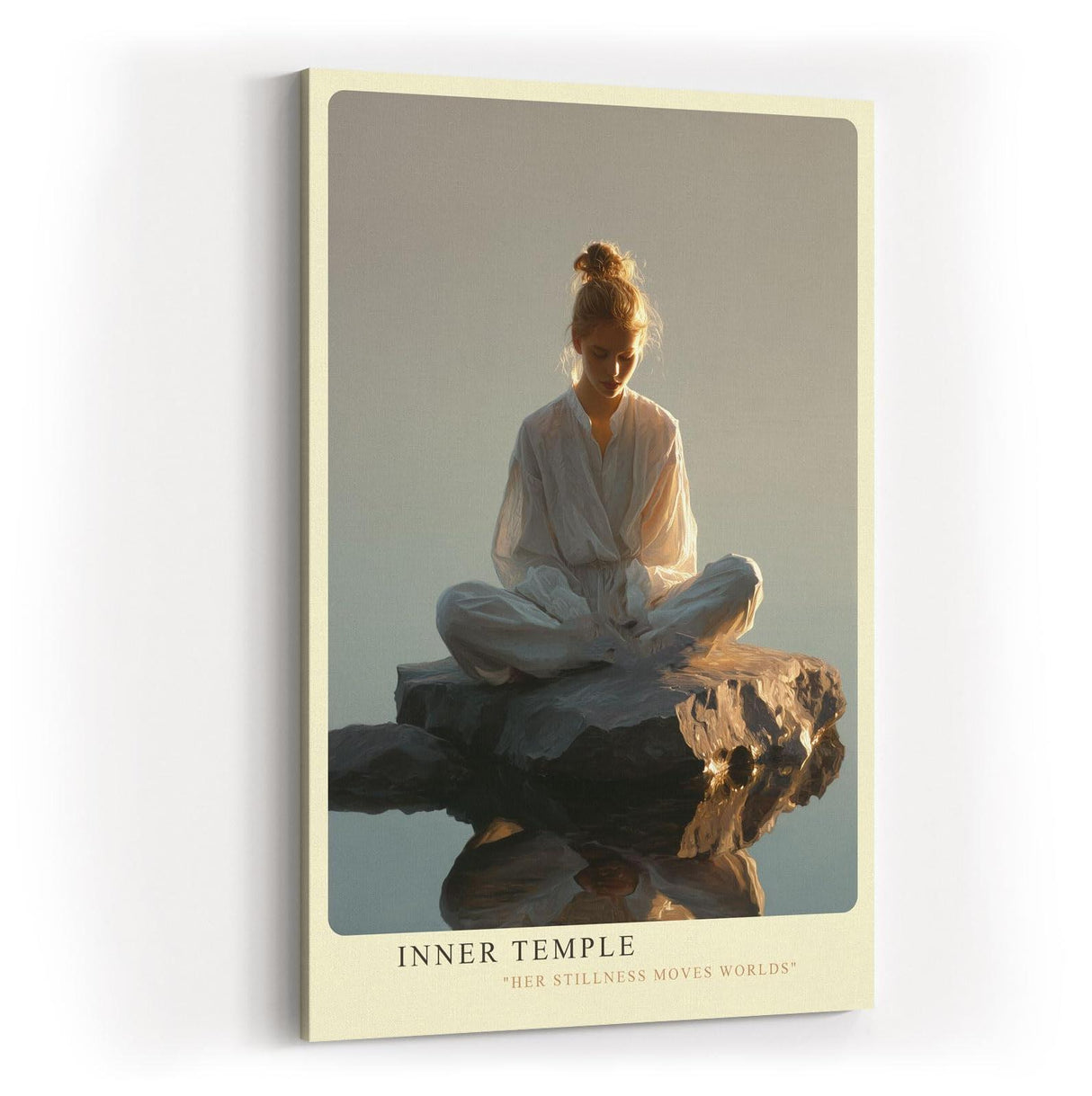 Paul Sinus Wandbild in 40x60cm Inner Temple – Meditatives Porträt einer Frau in weißem Gewand, sitzend auf einem Felsen im Wasser bei sanftem Morgenlicht, moderne Bilder in warmen Tönen