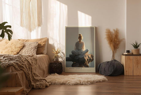 Paul Sinus Wandbild in 40x60cm Inner Temple – Meditatives Porträt einer Frau in weißem Gewand, sitzend auf einem Felsen im Wasser bei sanftem Morgenlicht, moderne Bilder in warmen Tönen