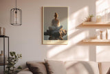 Paul Sinus Wandbild in 40x60cm Inner Temple – Meditatives Porträt einer Frau in weißem Gewand, sitzend auf einem Felsen im Wasser bei sanftem Morgenlicht, moderne Bilder in warmen Tönen