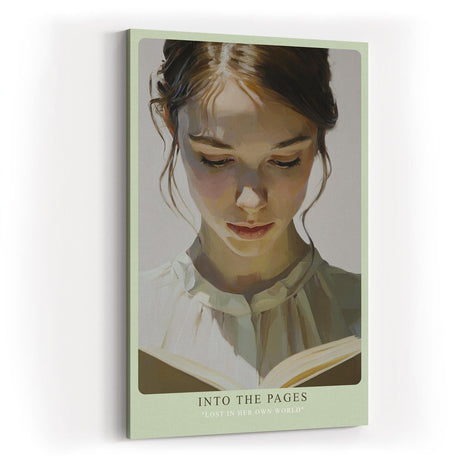 Paul Sinus Wandbild in 40x60cm Into the Pages – Lichtdurchflutetes Porträt einer jungen Frau, vertieft in ein Buch, zeitgenössische Bilder mit sanfter Farbgebung, inspirierend und harmonisch