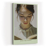 Paul Sinus Wandbild in 40x60cm Into the Pages – Lichtdurchflutetes Porträt einer jungen Frau, vertieft in ein Buch, zeitgenössische Bilder mit sanfter Farbgebung, inspirierend und harmonisch