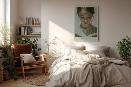 Paul Sinus Wandbild in 40x60cm Into the Pages – Lichtdurchflutetes Porträt einer jungen Frau, vertieft in ein Buch, zeitgenössische Bilder mit sanfter Farbgebung, inspirierend und harmonisch