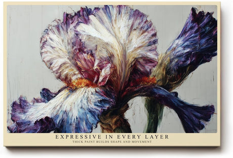 Paul Sinus Wandbild 120x80cm Iris Bluete abstrakte Blumenmalerei moderne Kunst violett weiss expressive Pinselstruktur grosses Blumen Kunstbild stilvolle Wanddekoration fuer Wohnzimmer