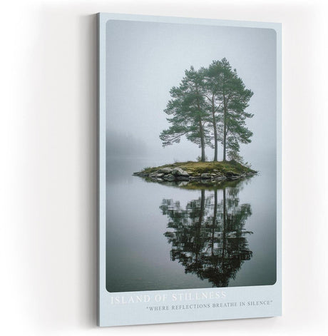 Paul Sinus Wandbild in 40x60cm Island of Stillness – Nebelige Seeinsel mit Baumgruppe, ruhiges Naturmotiv in sanften Grautönen und Spiegelung im Wasser