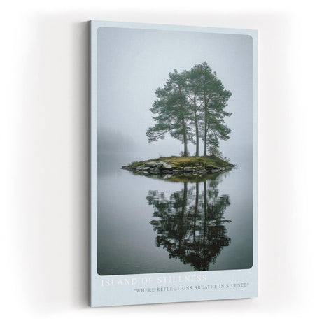 Paul Sinus Wandbild in 40x60cm Island of Stillness – Nebelige Seeinsel mit Baumgruppe, ruhiges Naturmotiv in sanften Grautönen und Spiegelung im Wasser