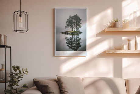Paul Sinus Wandbild in 40x60cm Island of Stillness – Nebelige Seeinsel mit Baumgruppe, ruhiges Naturmotiv in sanften Grautönen und Spiegelung im Wasser