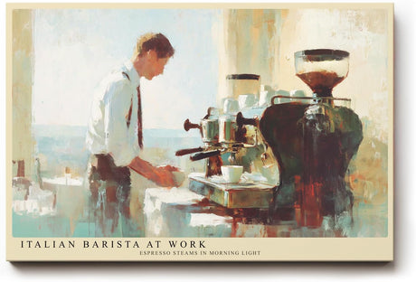 Paul Sinus Wandbild 120x80cm Italian Barista at Work Kaffee Szene Barista mit Espressomaschine stilvolle Café Kunst Poster für Küche Wohnzimmer Café Bar