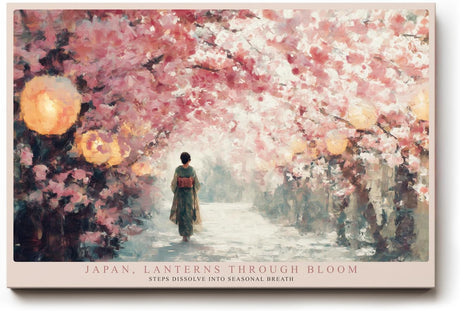 Paul Sinus Wandbild 120x80cm Japan Kirschblueten Weg Laternen Fruehling Landschaft Kunst Sakura Spaziergang