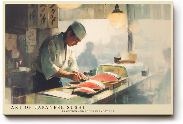 Paul Sinus Wandbild 120x80cm Japanischer Sushi Meister Küche Kunst in Warmem Licht für Küche Esszimmer Restaurant und Bar
