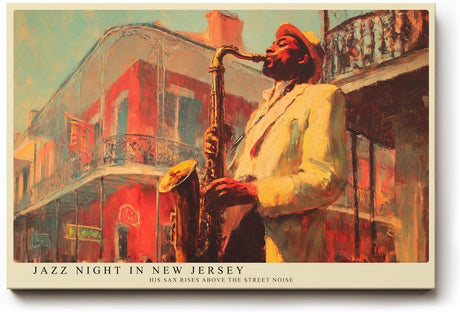 Paul Sinus Wandbild 120x80cm Jazz Musiker Saxophon Szene Vintage Musik Kunst in Rot Gold für Wohnzimmer Bar und Büro