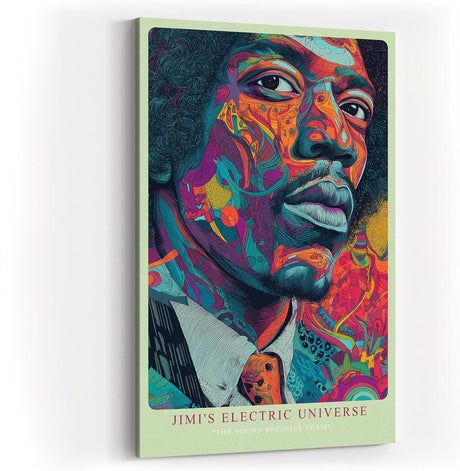 Paul Sinus Wandbild in 40x60cm Jimi's Electric Universe Buntes Musikerportrait mit psychedelischen Mustern