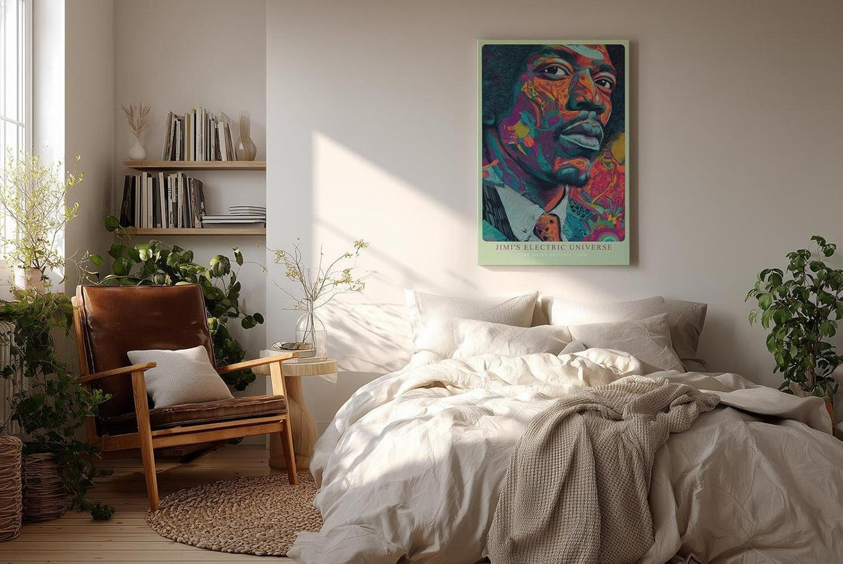 Paul Sinus Wandbild in 40x60cm Jimi's Electric Universe Buntes Musikerportrait mit psychedelischen Mustern