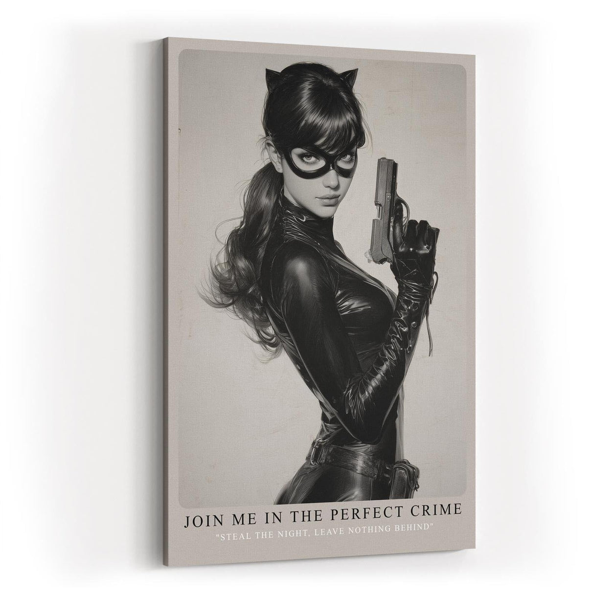Paul Sinus Wandbild in 40x60cm Join Me in the Perfect Crime Schwarz-Weiß-Porträt einer Frau im Catsuit mit Maske und Pistole für moderne und stilvolle Raumakzente