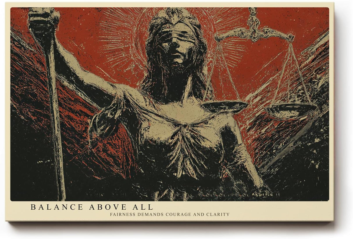 Paul Sinus Wandbild 120x80cm Justitia Statue Symbol der Gerechtigkeit klassische Skulptur Kunst rot schwarz Kontrast modernes Juristen Wandbild 120x80cm Dekoration fuer Büro Kanzlei Wohnzimmer