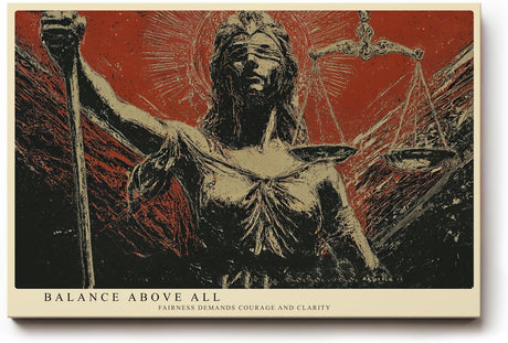 Paul Sinus Wandbild 120x80cm Justitia Statue Symbol der Gerechtigkeit klassische Skulptur Kunst rot schwarz Kontrast modernes Juristen Wandbild 120x80cm Dekoration fuer Büro Kanzlei Wohnzimmer