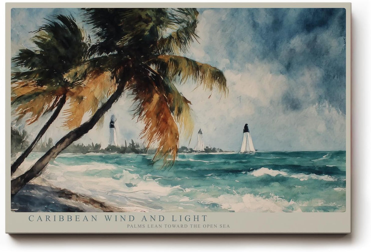 Paul Sinus Wandbild 120x80cm Karibischer Strand Palmen Meer Landschaft Kunstmotiv Tropische Kueste mit bewegten Wellen und Sommeratmosphaere