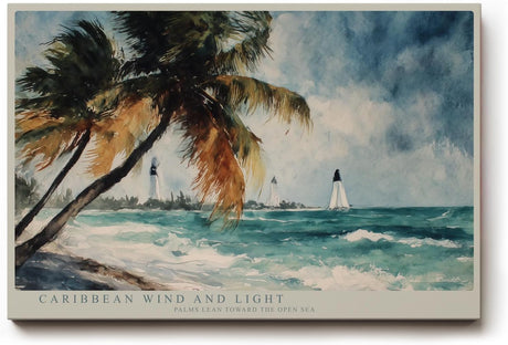 Paul Sinus Wandbild 120x80cm Karibischer Strand Palmen Meer Landschaft Kunstmotiv Tropische Kueste mit bewegten Wellen und Sommeratmosphaere