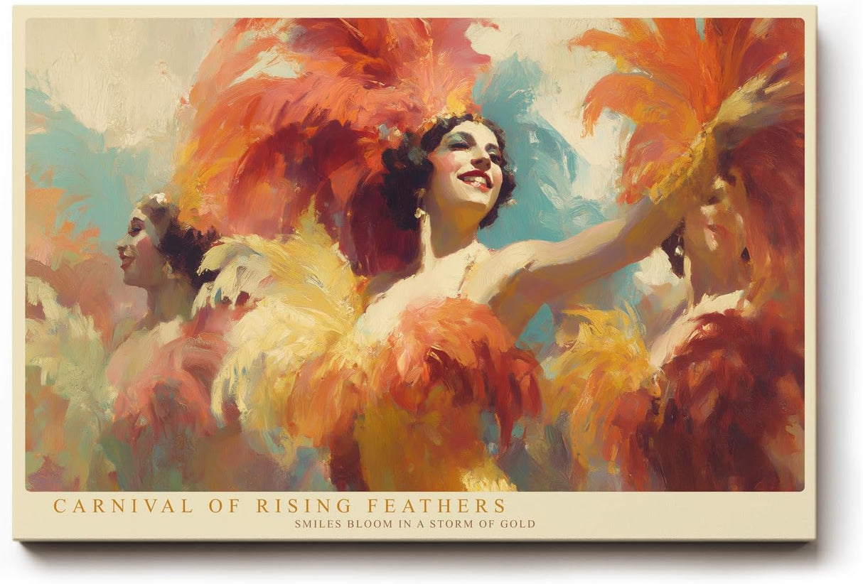 Paul Sinus Wandbild 120x80cm Karneval Taenzerinnen mit Federkostuemen Lebendige Festkunst in Rot Gold und Orange