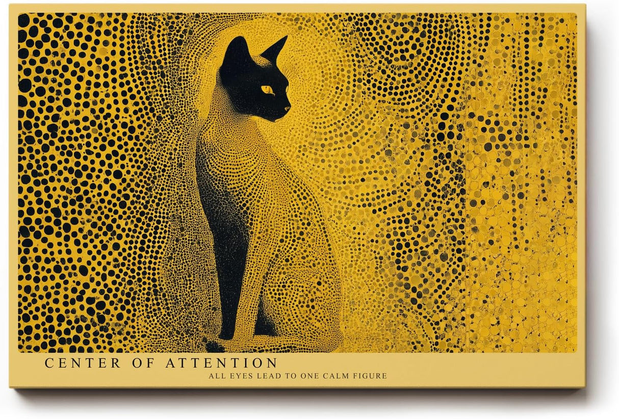 Paul Sinus Wandbild 120x80cm Katze abstrakte Tierkunst gelb schwarzes Punktmuster modernes Katzen Kunstbild Wanddekoration fuer Wohnzimmer Büro
