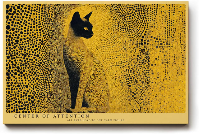 Paul Sinus Wandbild 120x80cm Katze abstrakte Tierkunst gelb schwarzes Punktmuster modernes Katzen Kunstbild Wanddekoration fuer Wohnzimmer Büro
