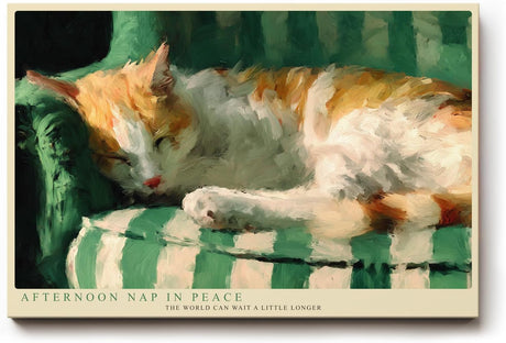 Paul Sinus Wandbild 120x80cm Katze schlafend Illustration modern gruene Couch Kunstdruck grosses Tier Kunstbild warme Wanddekoration fuer Wohnzimmer Büro
