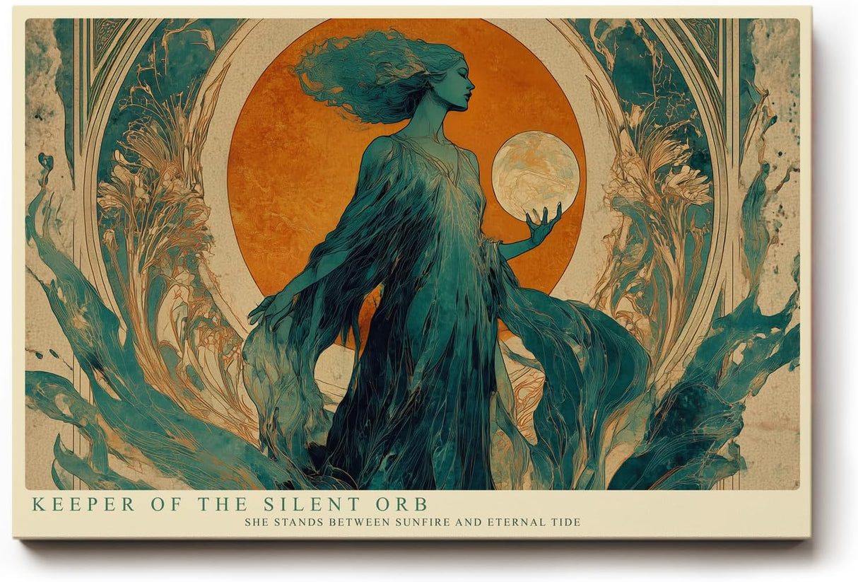 Paul Sinus Wandbild 120x80cm Keeper of the Silent Orb mystische Frauenfigur mit goldener Sonne Jugendstil Kunst Poster für Wohnzimmer Schlafzimmer