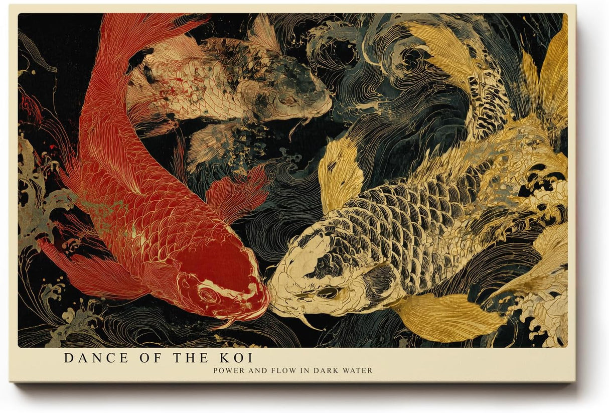 Paul Sinus Wandbild 120x80cm Koi Fische im Dunklen Wasser Japanische Kunst Gold Rot Abstrakte Asiatische Wanddekoration