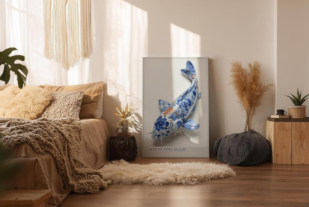 Paul Sinus Wandbild in 40x60cm Koi in Porcelain – kunstvoller Koi-Fisch in Blau-Weiß mit feinen Porzellanmustern und dezentem Farbakzent
