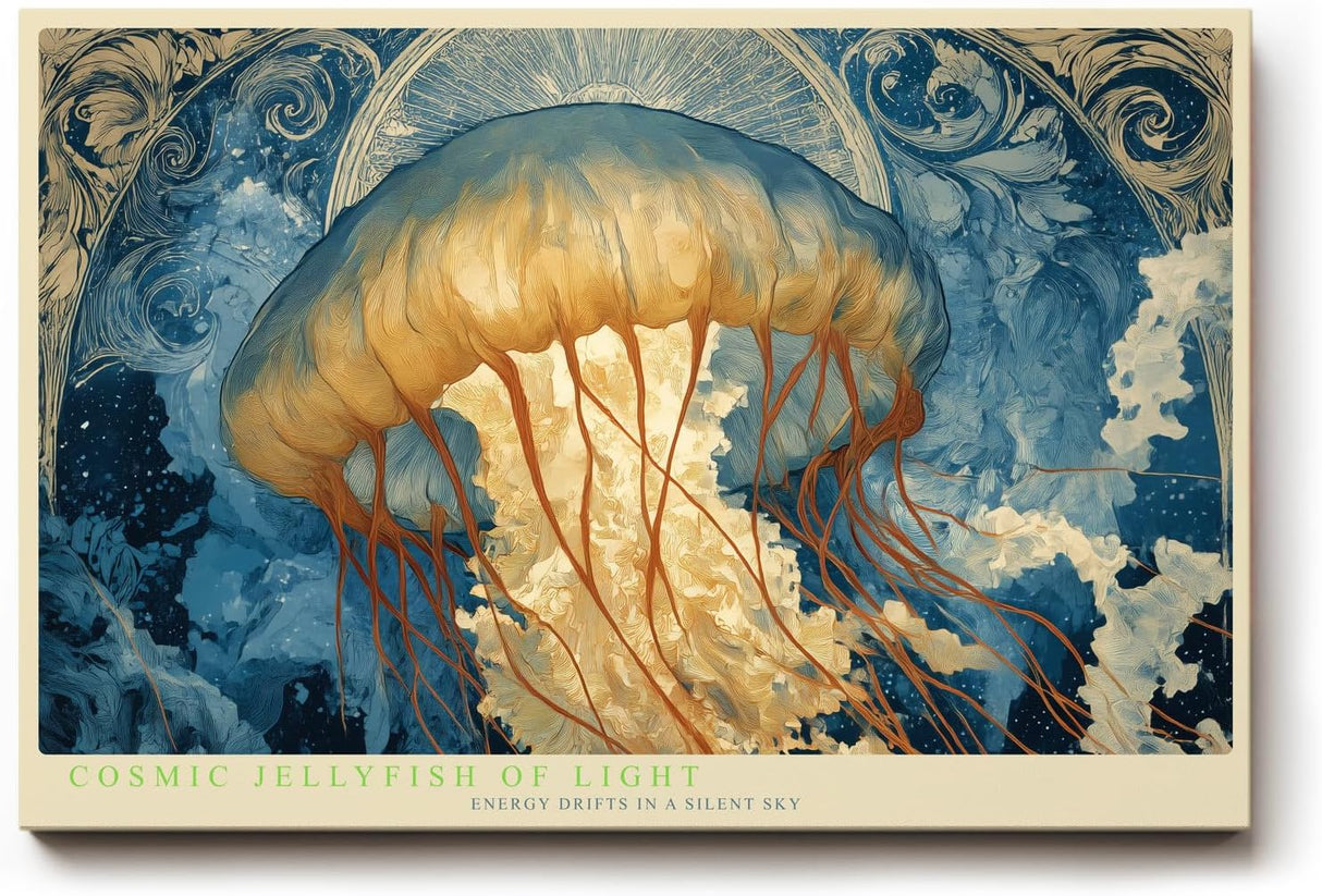 Paul Sinus Wandbild 120x80cm Kosmische Qualle mit Licht Abstrakte Meereskunst in Blau Gold Wanddekoration