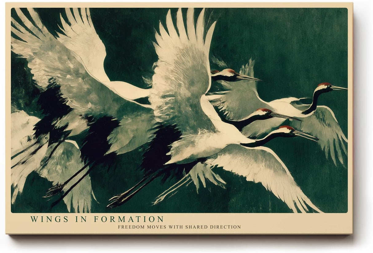 Paul Sinus Wandbild 120x80cm Kraniche im Flug asiatische Vogelkunst gruene Naturfarben elegante Tier Wanddekoration fuer Wohnzimmer Büro