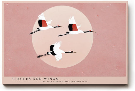 Paul Sinus Wandbild 120x80cm Kraniche im Flug minimalistische Vogel Illustration rosa Kreis moderne asiatische Kunst Wanddekoration fuer Wohnzimmer Büro