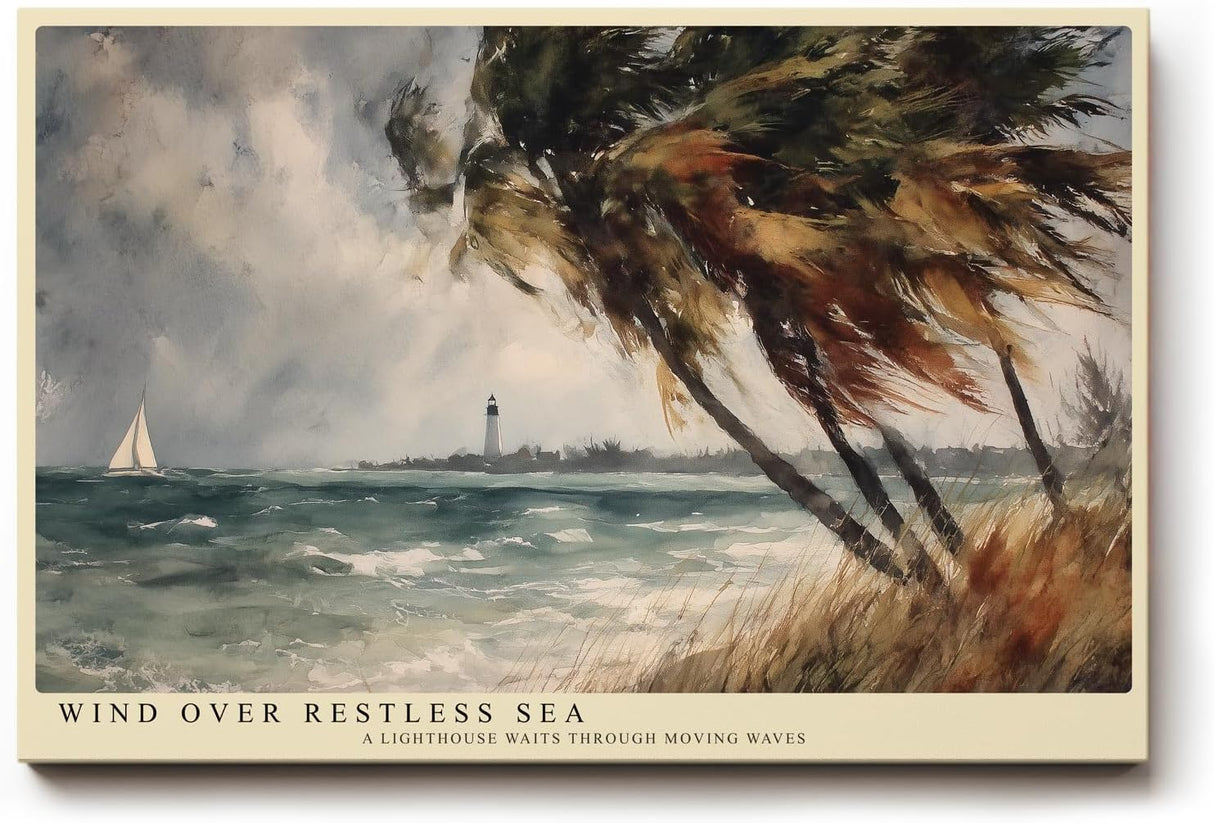 Paul Sinus Wandbild 120x80cm Kueste mit Leuchtturm und Segelboot Impressionistische Meereslandschaft fuer Wohnzimmer Schlafzimmer und Büro