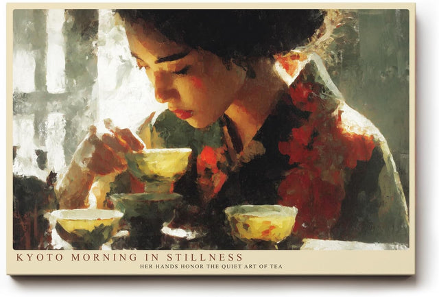 Paul Sinus Wandbild 120x80cm Kyoto Morning in Stillness Teezeremonie Portrait mit Teeschalen Kunst Poster für Wohnzimmer Küche