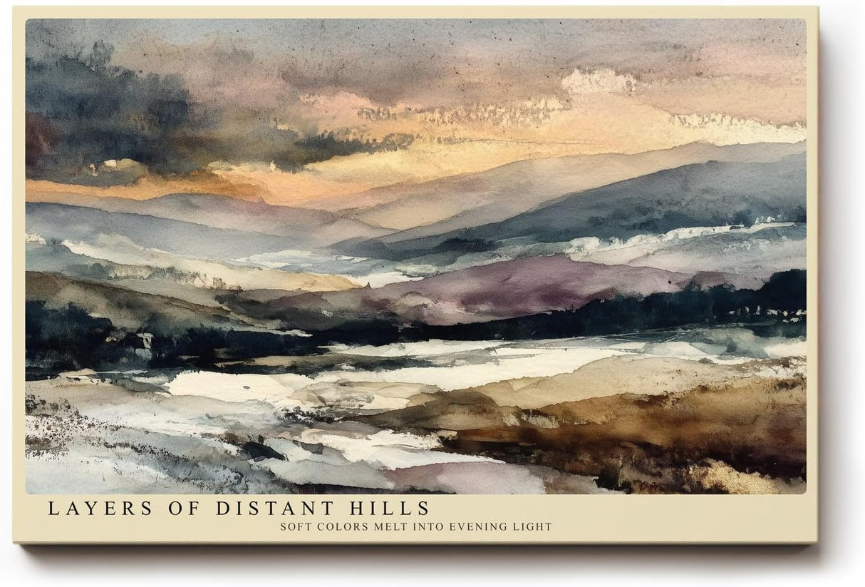 Paul Sinus Wandbild 120x80cm Landschaft Aquarell Berge modern beige blau Natur Kunstdruck grosses Kunstbild ruhige Wanddekoration fuer Wohnzimmer Büro Flur
