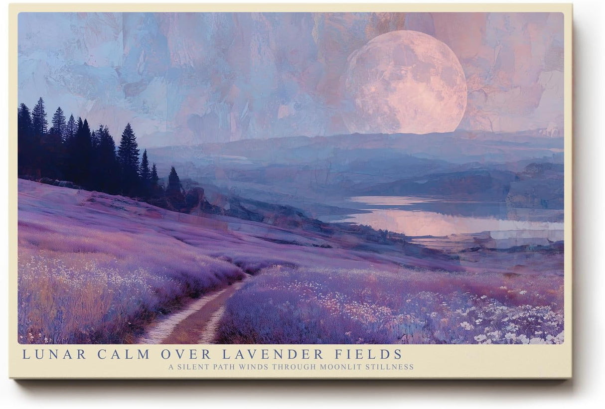 Paul Sinus Wandbild 120x80cm Lavendelfeld Mondlandschaft Ruhige Naturkunst in Lila und Blau Atmosphaerische Landschaft fuer Wohnzimmer Schlafzimmer und Büro