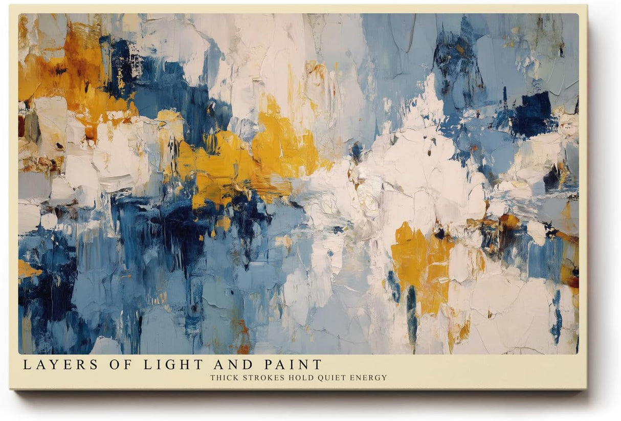 Paul Sinus Wandbild 120x80cm Layers of Light and Paint Abstrakte Struktur Kunst in Blau Gelb und Weiss Modernes Design Wandbild 120x80cm