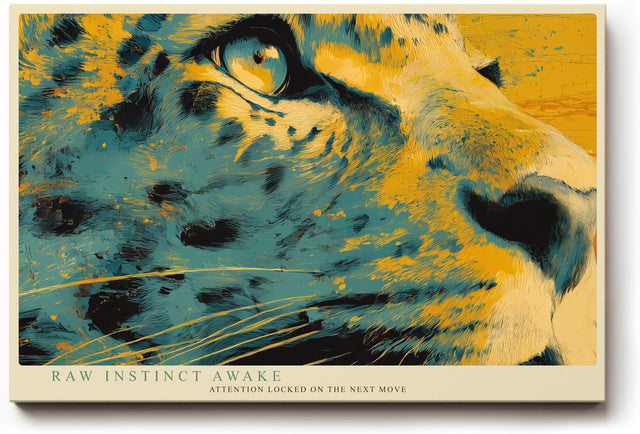 Paul Sinus Wandbild 120x80cm Leopard Portrait modern gelb blau Tierkunst Kunstdruck grosses Kunstbild kraftvolle Wanddekoration fuer Wohnzimmer Büro Flur