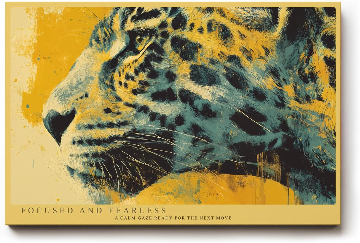 Paul Sinus Wandbild 120x80cm Leopard Portrait moderne Tierkunst gelb schwarz abstrakte Malerei wildes Tiermotiv stilvolle Wanddekoration fuer Wohnzimmer Büro