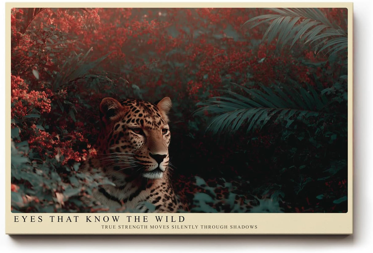 Paul Sinus Wandbild 120x80cm Leopard im Dschungel Wildlife Tierfotografie exotische Naturkunst dunkle Gruen und Rottoene stilvolle Wanddekoration fuer Wohnzimmer Büro