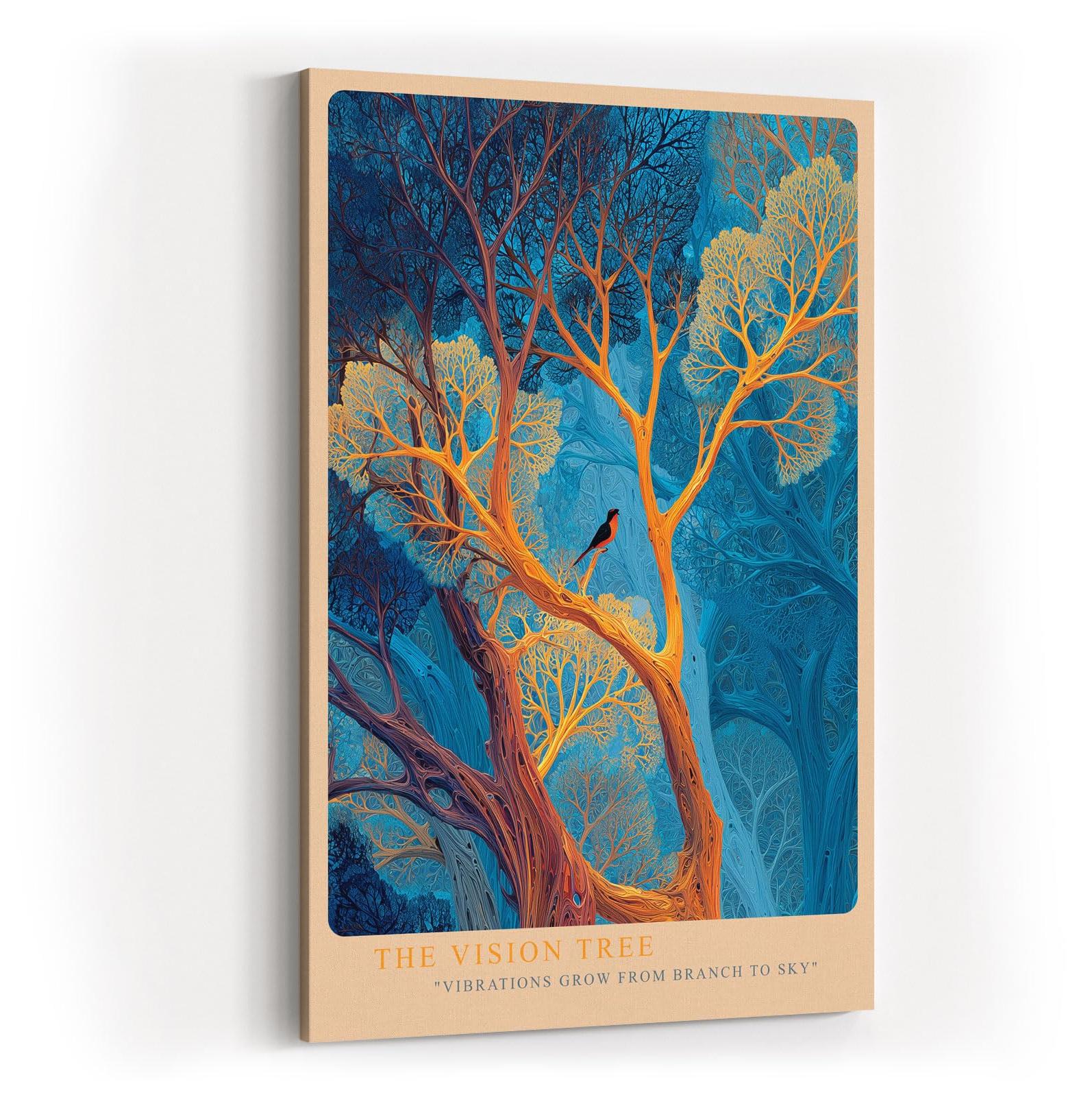 Paul Sinus Wandbild in 40x60cm Leuchtender Baum in Blauund Goldtönen – surrealistisches Kunstwerk mit Vogel im Geäst
