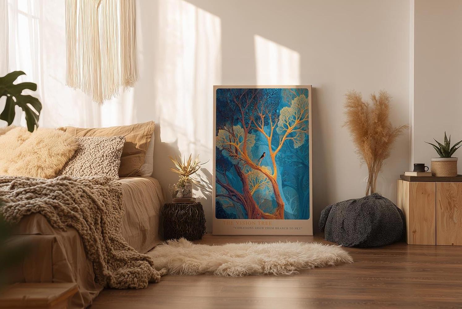 Paul Sinus Wandbild in 40x60cm Leuchtender Baum in Blauund Goldtönen – surrealistisches Kunstwerk mit Vogel im Geäst