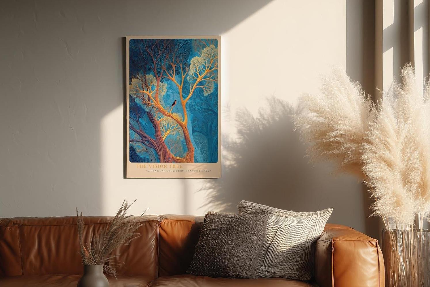 Paul Sinus Wandbild in 40x60cm Leuchtender Baum in Blauund Goldtönen – surrealistisches Kunstwerk mit Vogel im Geäst