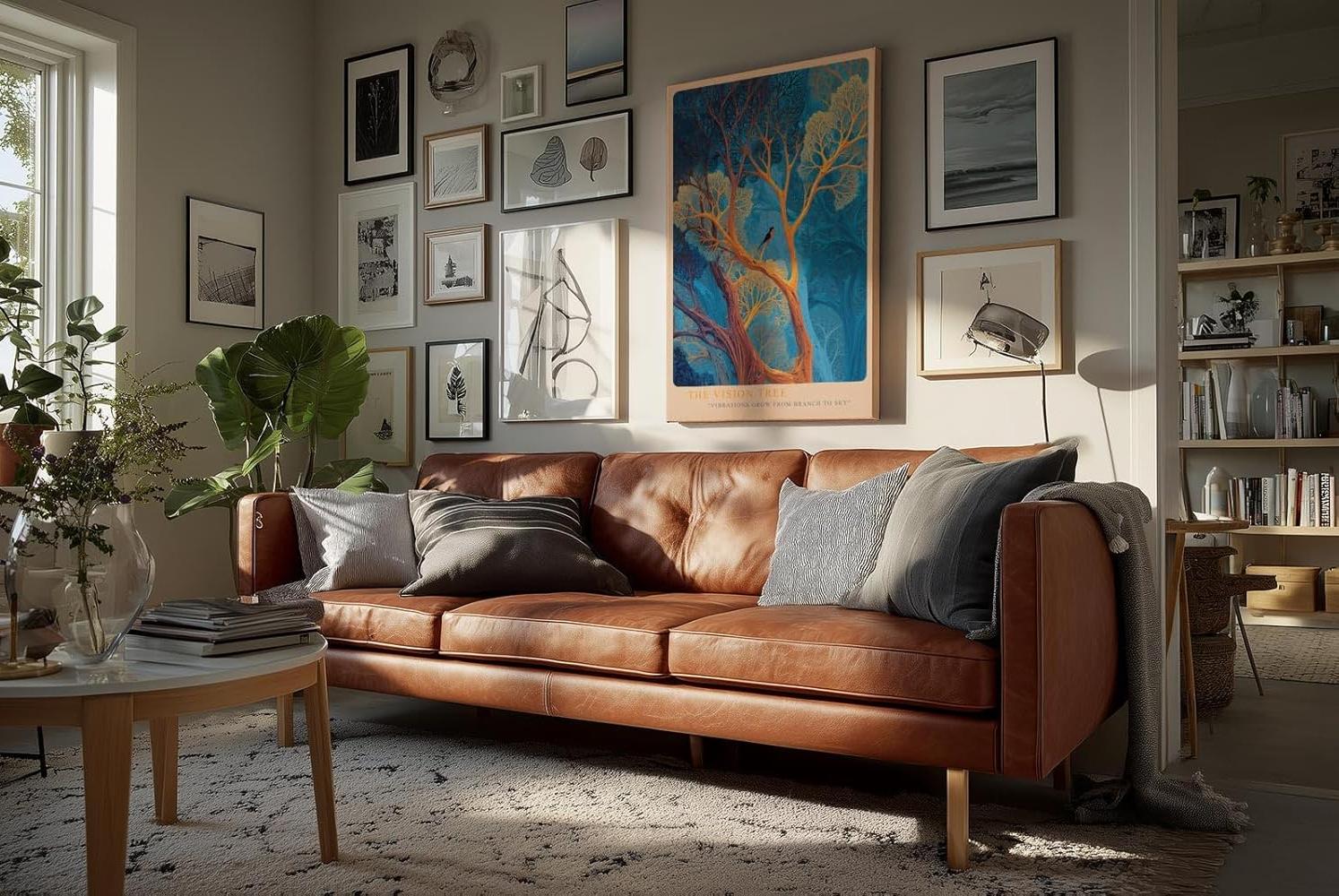 Paul Sinus Wandbild in 40x60cm Leuchtender Baum in Blauund Goldtönen – surrealistisches Kunstwerk mit Vogel im Geäst