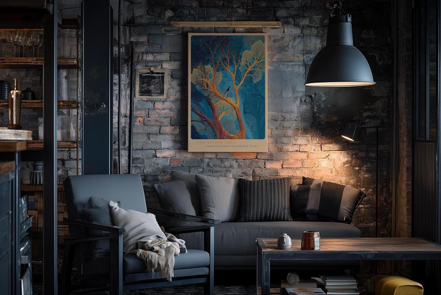 Paul Sinus Wandbild in 40x60cm Leuchtender Baum in Blauund Goldtönen – surrealistisches Kunstwerk mit Vogel im Geäst