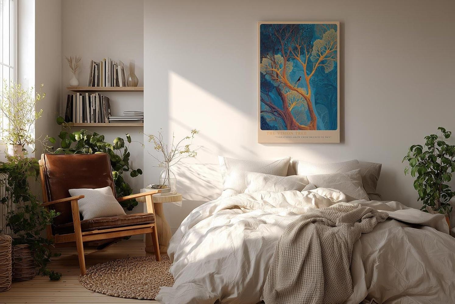 Paul Sinus Wandbild in 40x60cm Leuchtender Baum in Blauund Goldtönen – surrealistisches Kunstwerk mit Vogel im Geäst