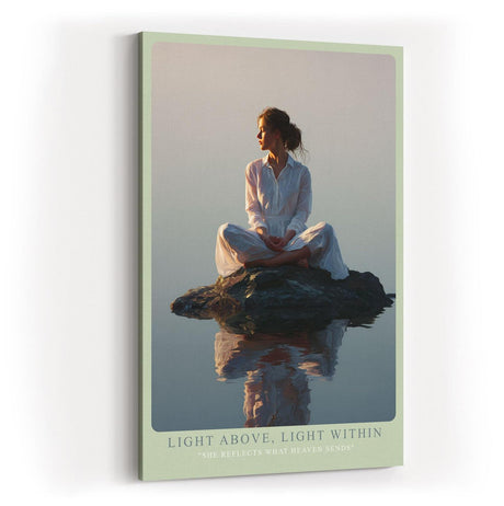 Paul Sinus Wandbild in 40x60cm Light Above, Light Within – Meditatives Porträt einer Frau in weißem Gewand, sitzend auf einem Felsen im stillen Wasser bei Sonnenaufgang