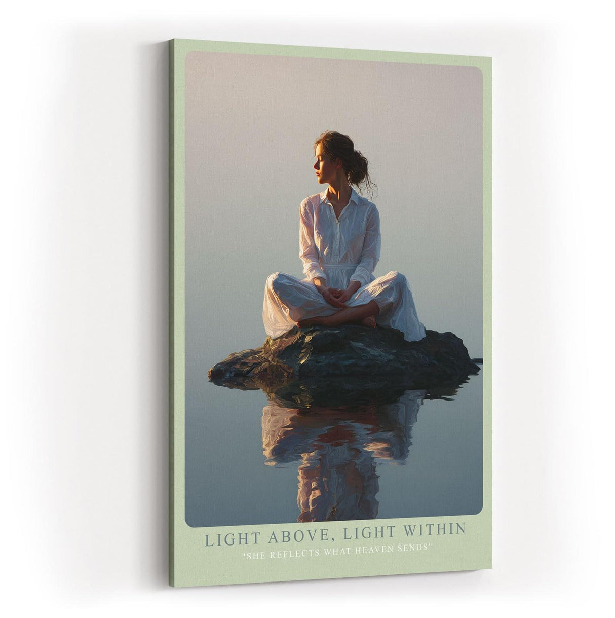 Paul Sinus Wandbild in 40x60cm Light Above, Light Within – Meditatives Porträt einer Frau in weißem Gewand, sitzend auf einem Felsen im stillen Wasser bei Sonnenaufgang