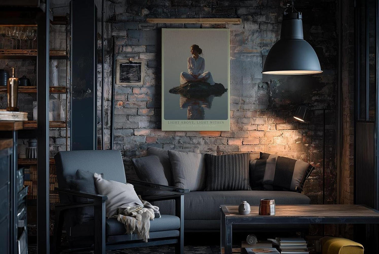 Paul Sinus Wandbild in 40x60cm Light Above, Light Within – Meditatives Porträt einer Frau in weißem Gewand, sitzend auf einem Felsen im stillen Wasser bei Sonnenaufgang